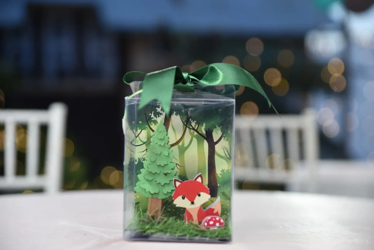 Woodland fox birthday invitation in a clear box with a green satin ribbon